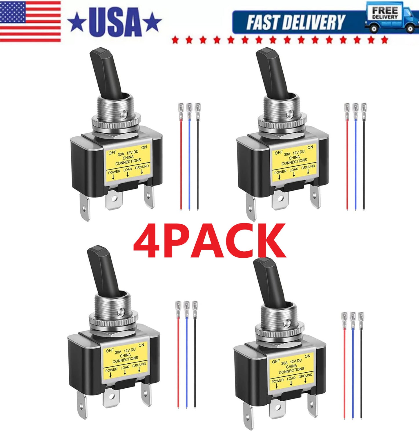 4x Blue LED Light 3Pin Rocker Toggle ON/Off Switch 30A 12V for Car Boat Marine