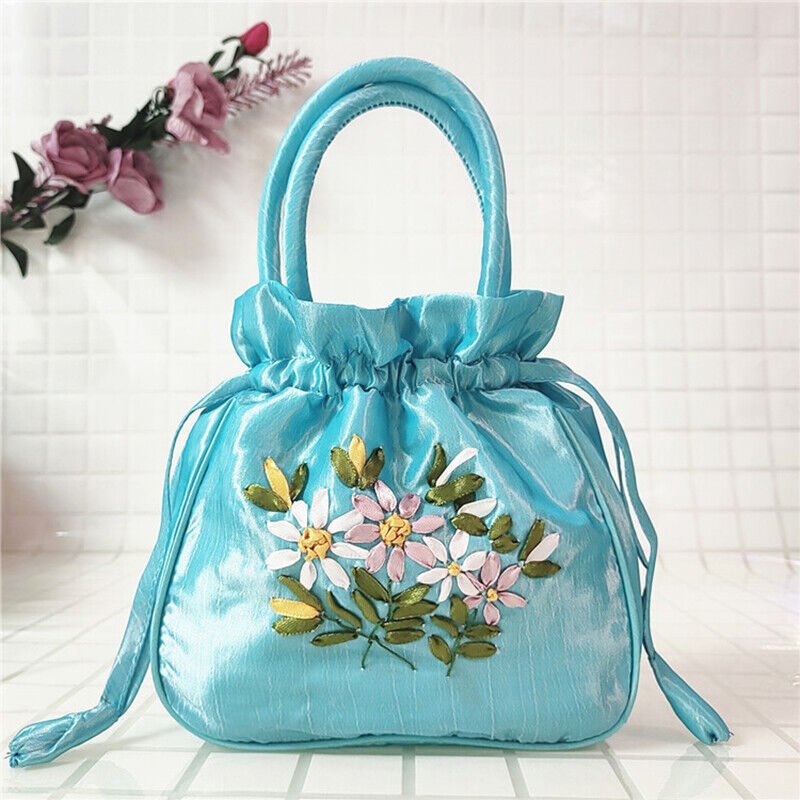 Women Ethnic Embroidered Floral Satin Handbag Girls Drawstring Tote Hanfu Bag