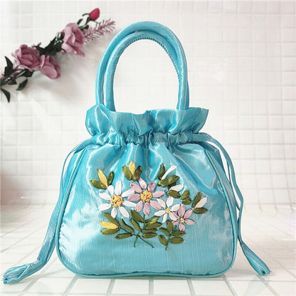 Women Ethnic Embroidered Floral Satin Handbag Girls Drawstring Tote Hanfu Bag
