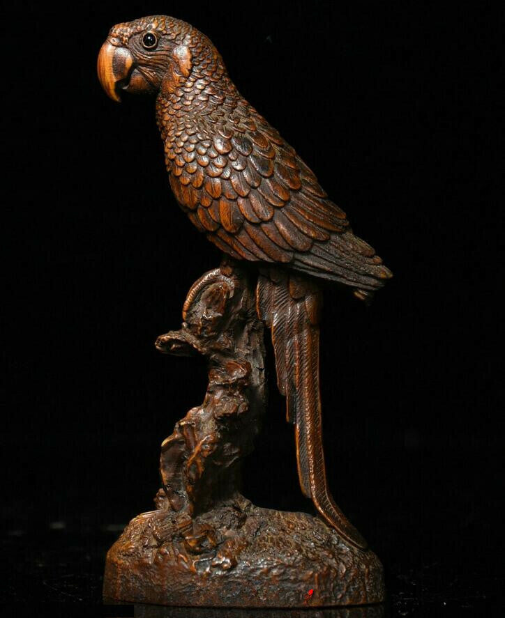 Chinese Folk Boxwood wood Carved FengShui parrot bird auspicious animal Statue