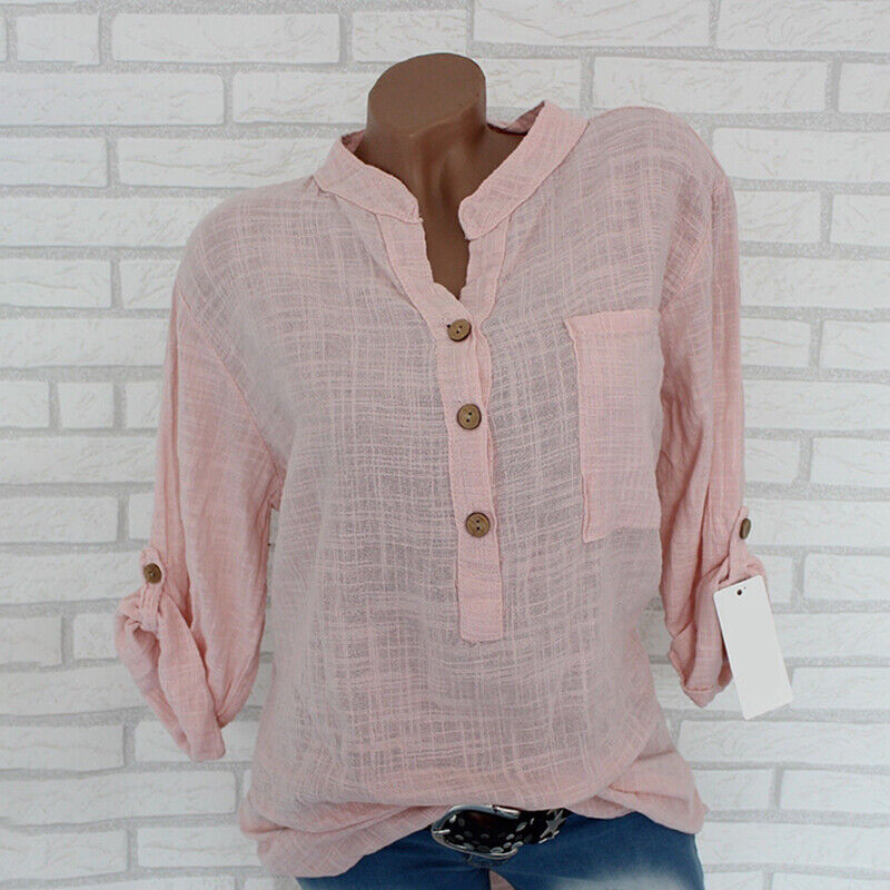 Womens Tunic Cotton Linen Pullover Blouse Tops Ladies Baggy Long Sleeve T-Shirt