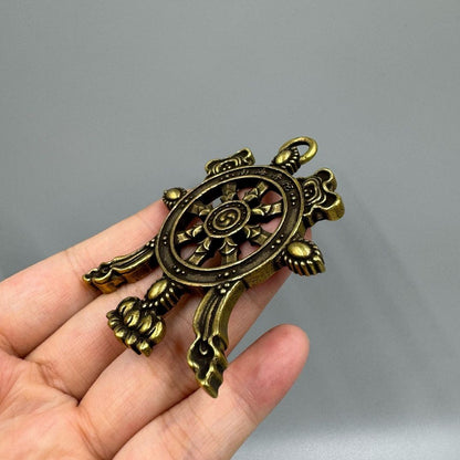 Solid Brass Dharma Wheel Pendant Nanhai Putuo Tibetan Amulet 7cm
