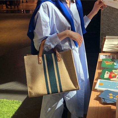 Fashion Large Canvas Handbag Vintage Striped Tote Bag Portable Briefcase Linen