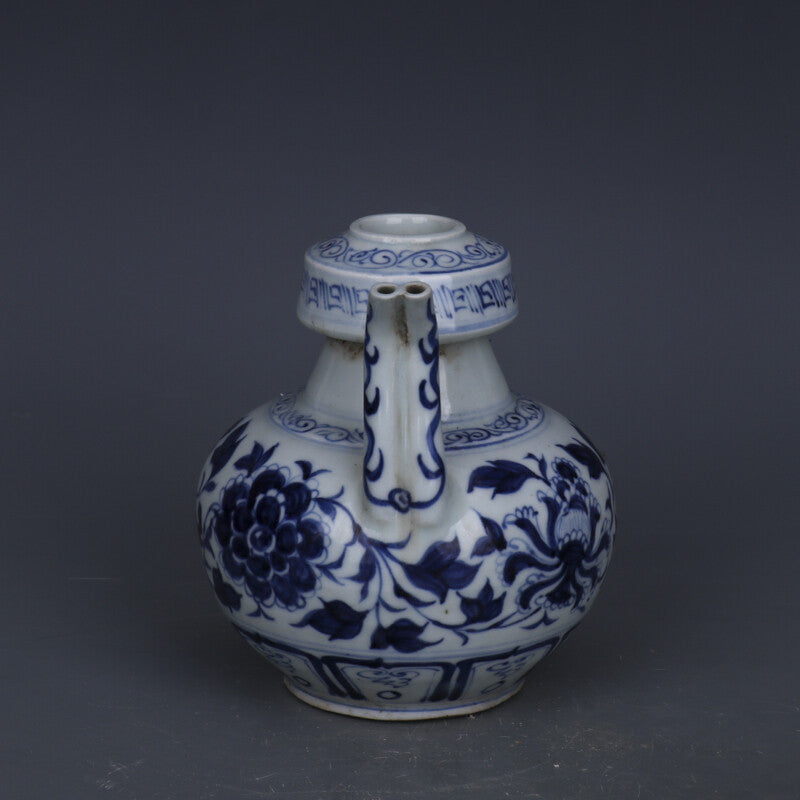 7.1" Chinese Yuan Blue-and-white Porcelain Peony Flower Two Mouth Teapot