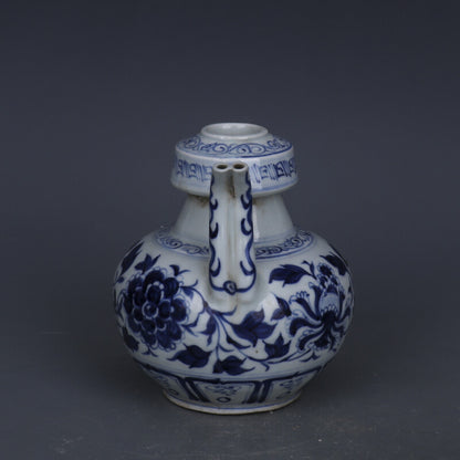 7.1" Chinese Yuan Blue-and-white Porcelain Peony Flower Two Mouth Teapot
