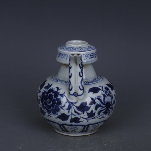7.1" Chinese Yuan Blue-and-white Porcelain Peony Flower Two Mouth Teapot