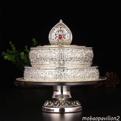 10.8" New Silver Color Manza Tray Tantric Alloy Auspicious Engraved Buddhism