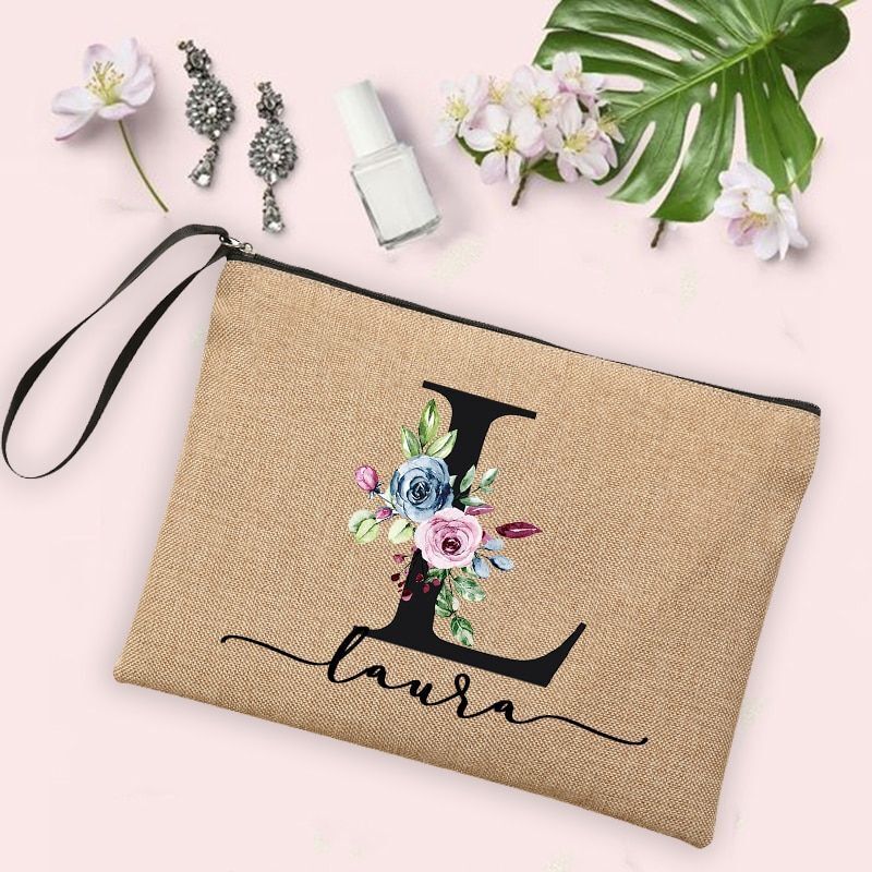 Flower Initial Cosmetic Bag Women Makeup Bag Linen Zipper Pouch Travel Organizer