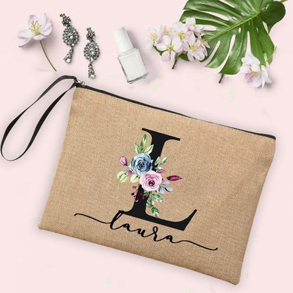 Flower Initial Cosmetic Bag Women Makeup Bag Linen Zipper Pouch Travel Organizer