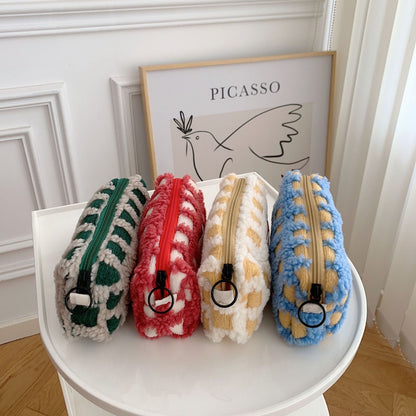 Plush Travel Cosmetic Purse Storage Bag Makeup Handbag Pencil Case Plaid Bag 1PC