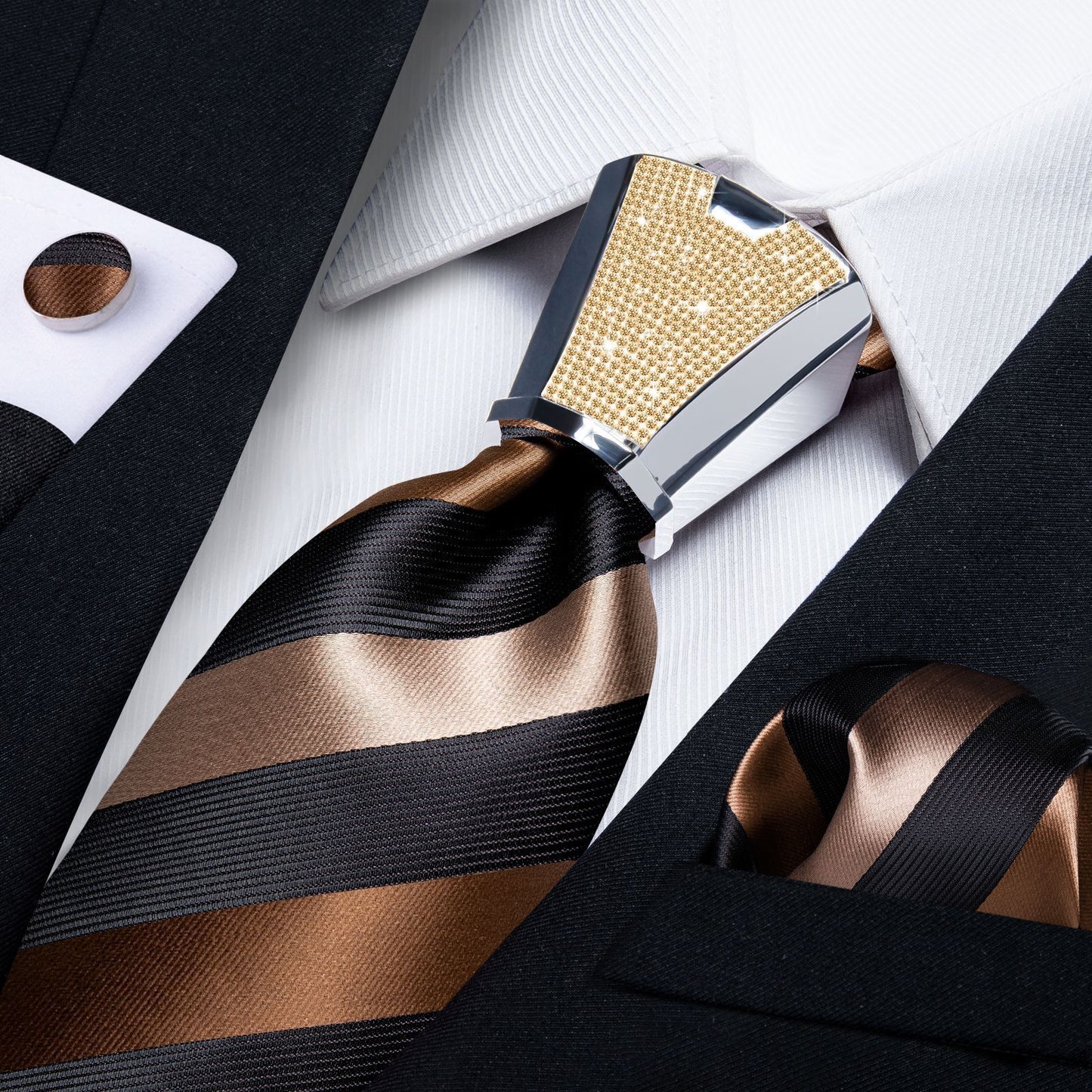 Men Necktie 3Pcs Luxury Striped Ties Cufflinks Pocket Square Wedding Accessories