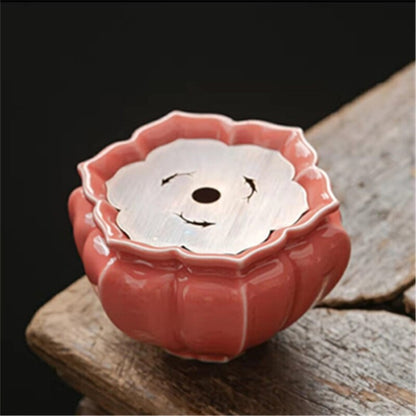 Porcelain Holder For Tea Pot Water Reservoir Pot Mat Lotus Design Copper Filter