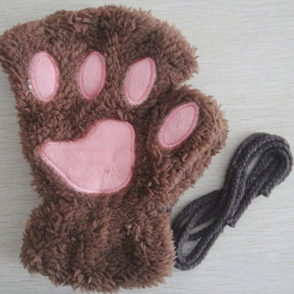 Women Fingerless Gloves Plush Fluffy Cat Paw Claw Panda Mittens Warm Winter Wear