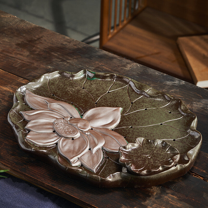 One Tea Tray Crude Pottery Lotus Carved Reservoir Water Draining Tea Plate New