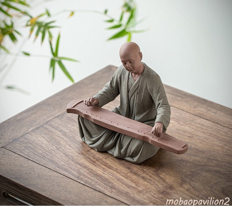New Porcelain Monk Playing Zither Statue Buddha Buddhism Zen Figure Decor
