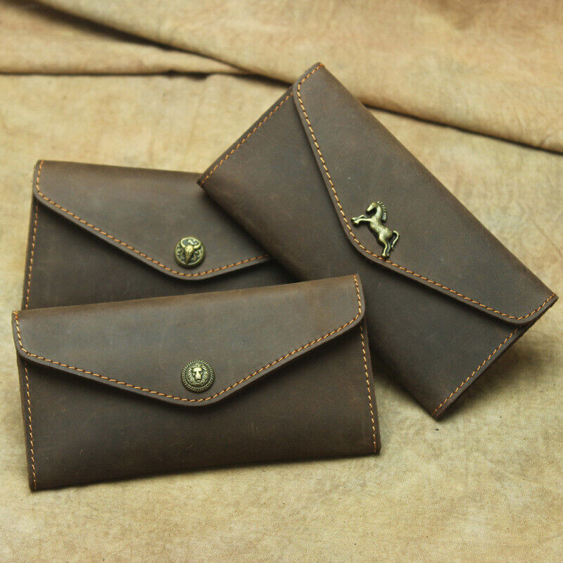 Crazy Horse Leather Men's Envelope Wallets Retro Flip Long Clutch Bag Phone Bags