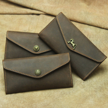 Crazy Horse Leather Men's Envelope Wallets Retro Flip Long Clutch Bag Phone Bags