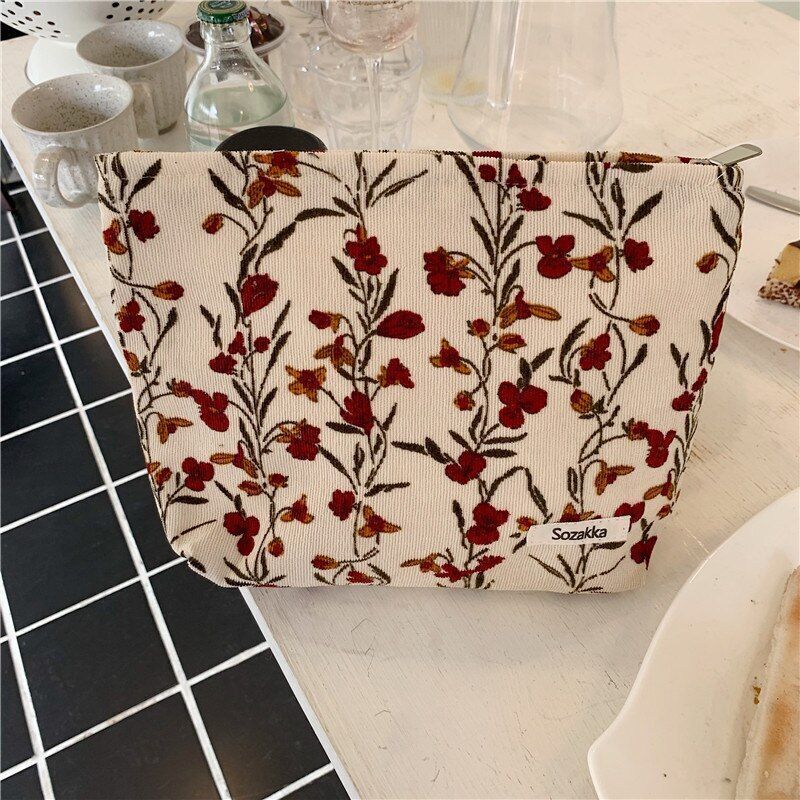 Cosmetic Pouch Embroidery Floral Print Traveling Toiletry Bag Canvas Makeup Case