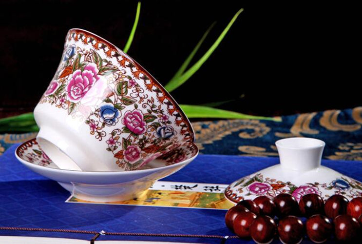 Chinese Tea Cup Gaiwan Tureen Porcelain Handpainted Flower Ceramic Tea Bowl Lid