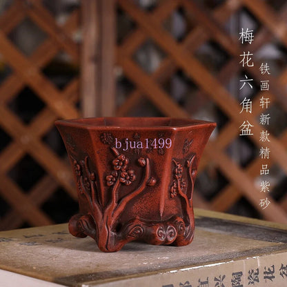 Purple Sand Plum Blossom Flower Pattern Bonsai Pot Tradition China Carved