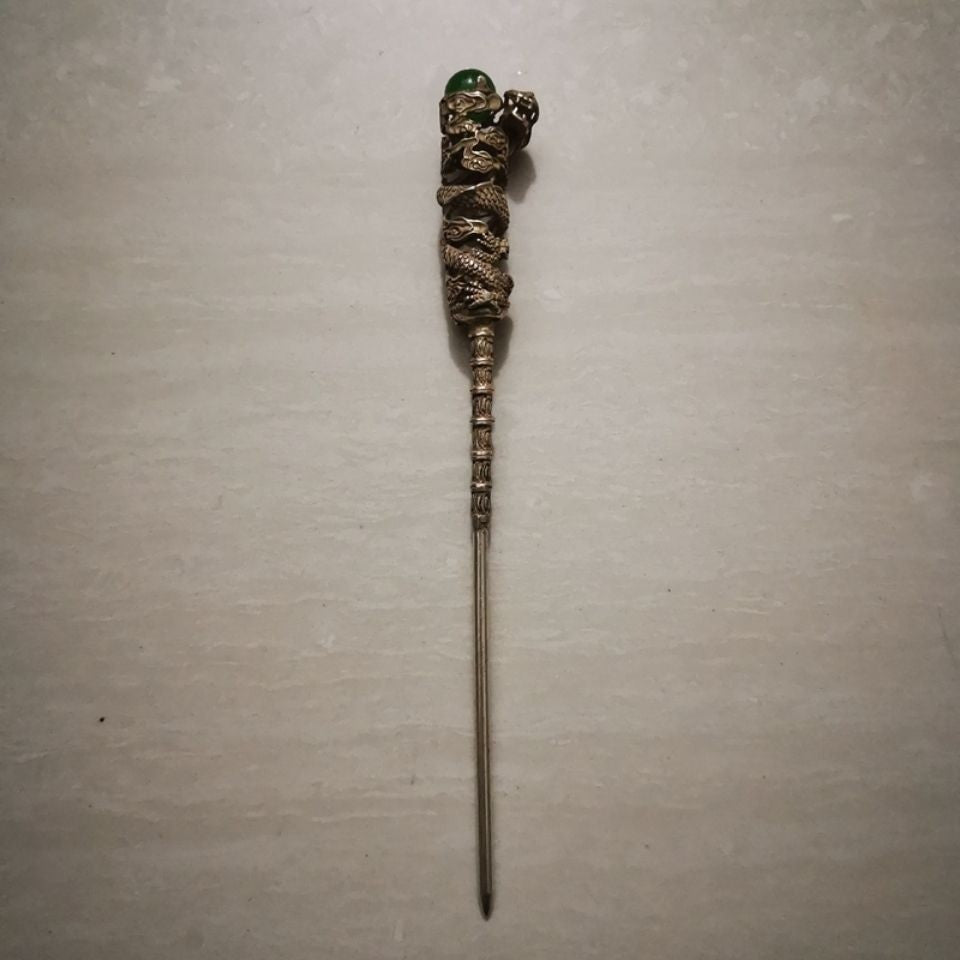Antique Silver Plated Dragon Hairpin with Green Gemstone Chinese Hair Stick