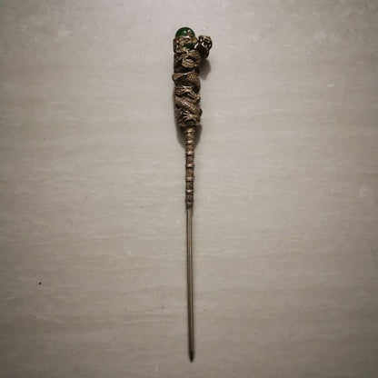 Antique Silver Plated Dragon Hairpin with Green Gemstone Chinese Hair Stick