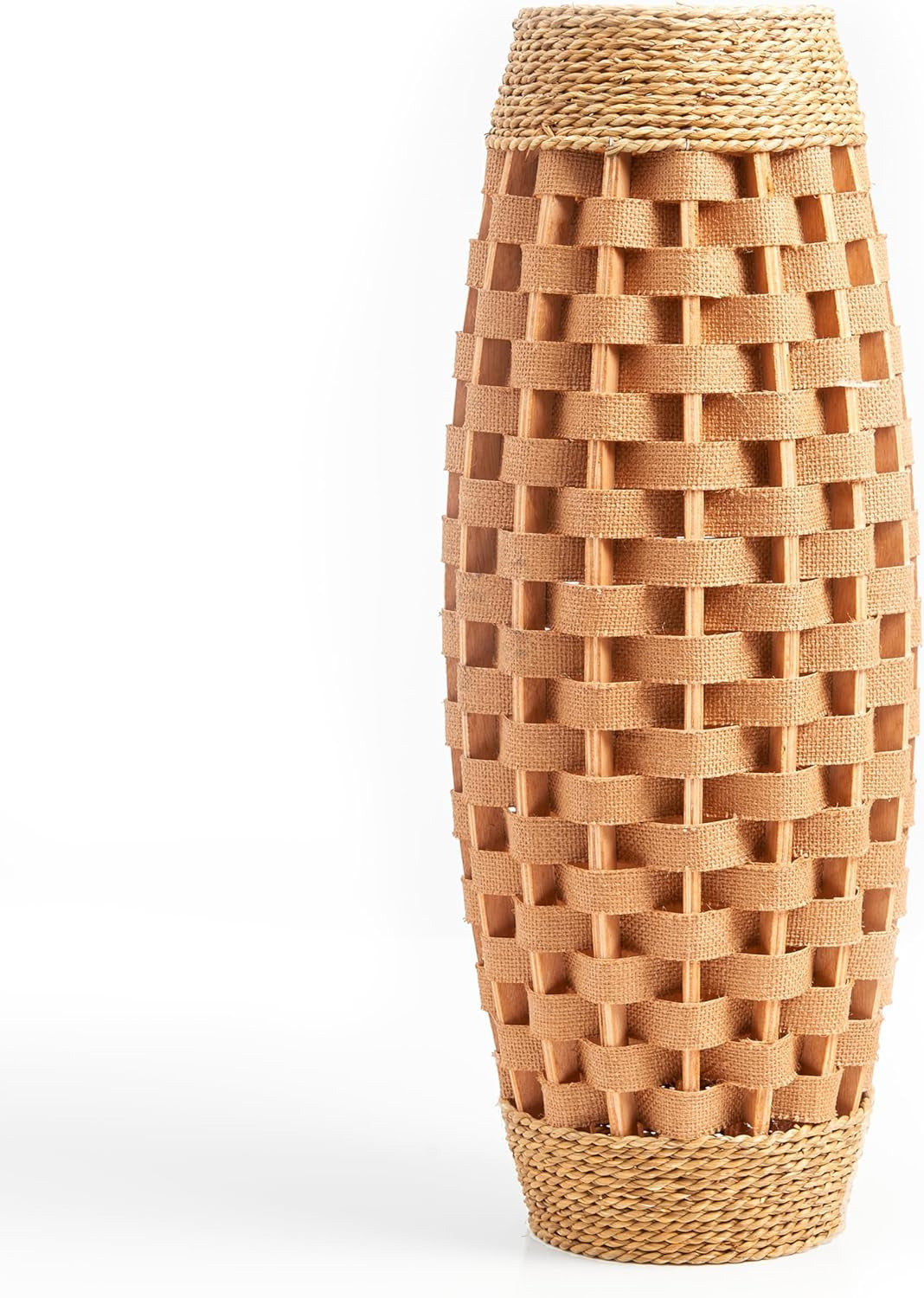 Hand Woven Wood & Seagrass Tall Vase Decorative Large Basket Home Flower Holder