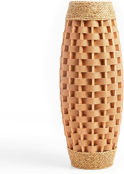 Hand Woven Wood & Seagrass Tall Vase Decorative Large Basket Home Flower Holder