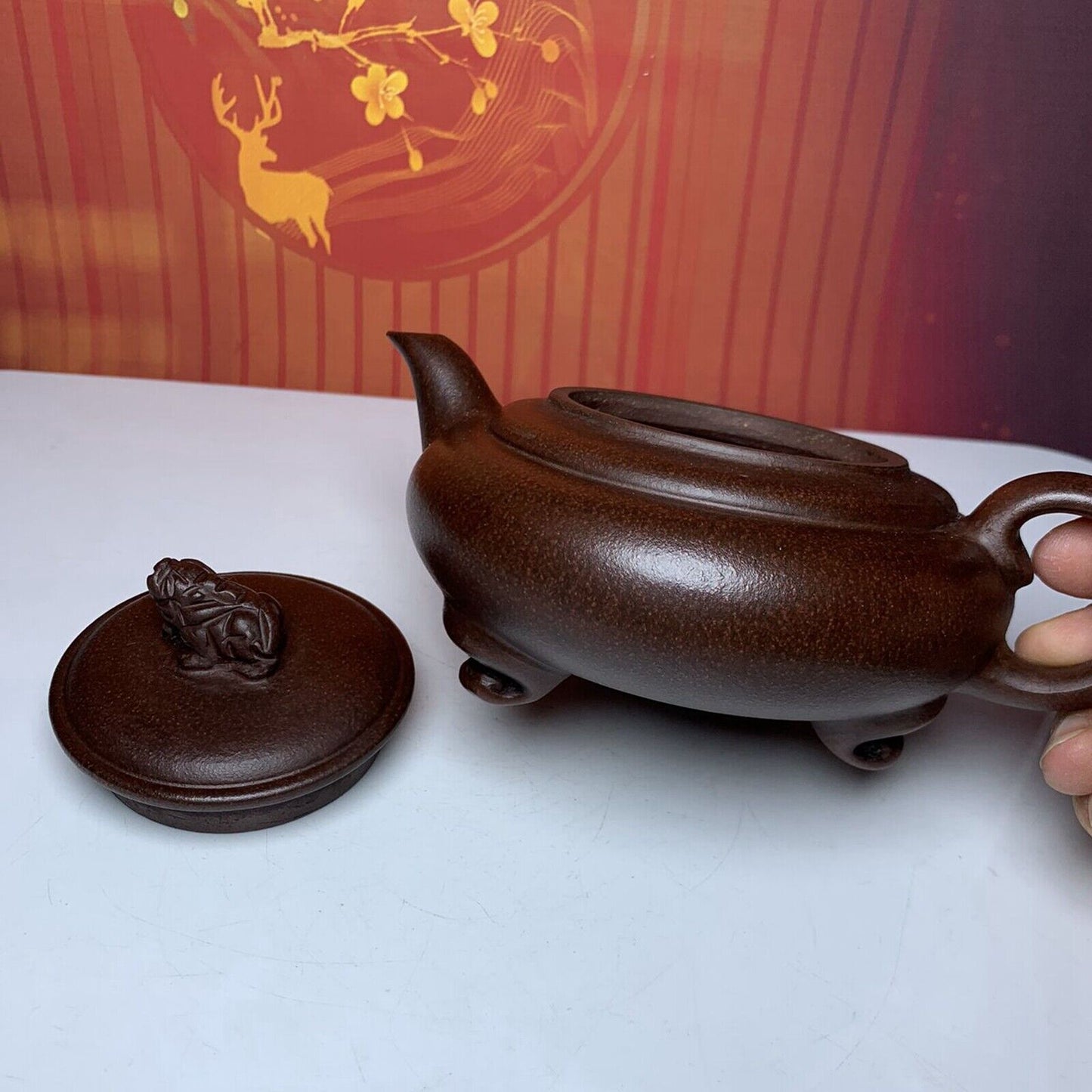 Vintage Chinese Yixing Purple Clay Teapot Zisha Ceramic Carving Beast Teaware