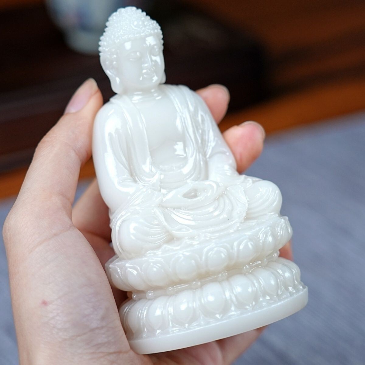 China Natural Hetian White Jade Safety Buddha Statue Worship Fengshui Ornament