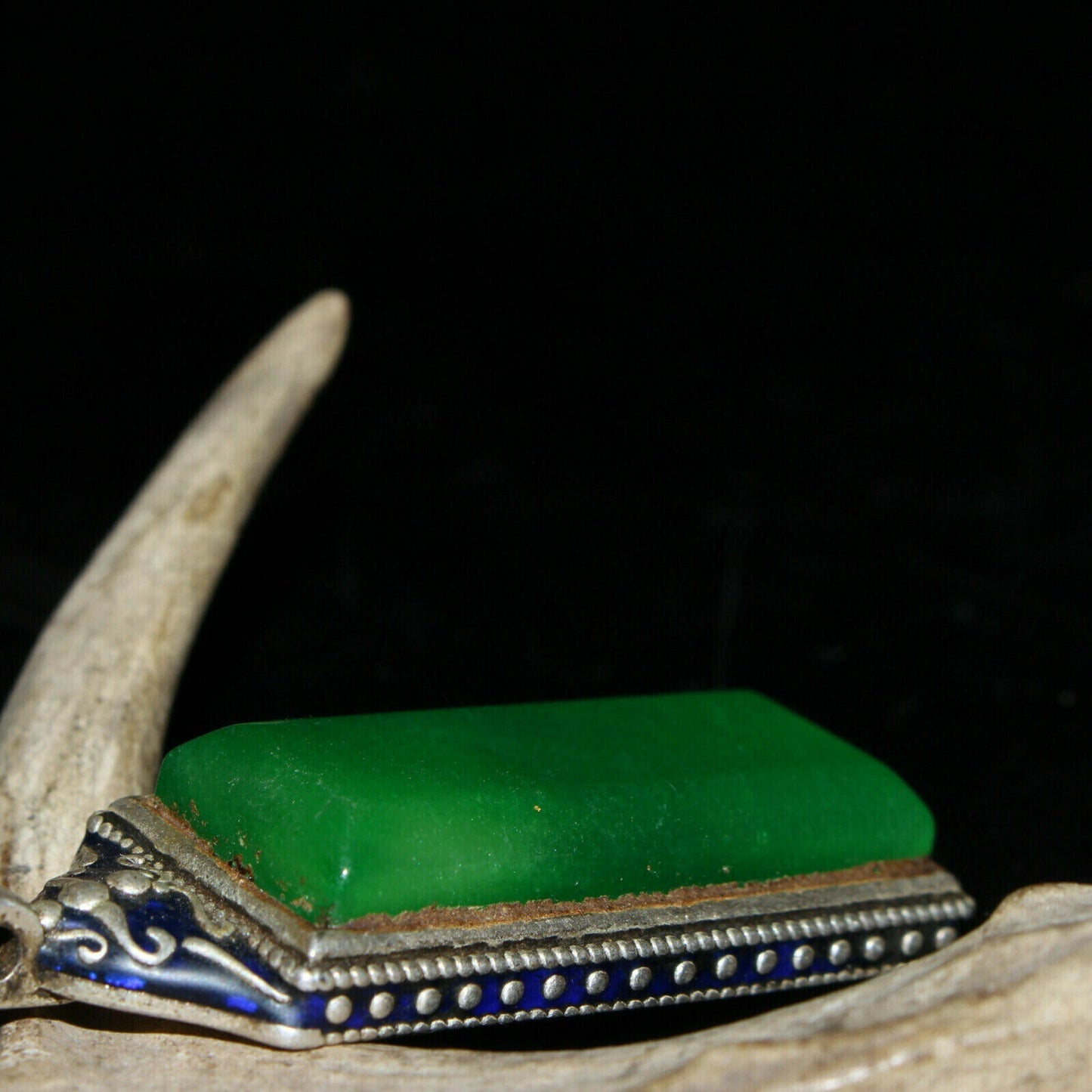 Old Chinese Tibetan silver inlaid green jade pendant