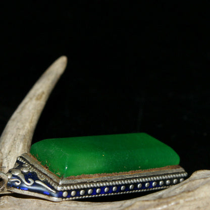 Old Chinese Tibetan silver inlaid green jade pendant