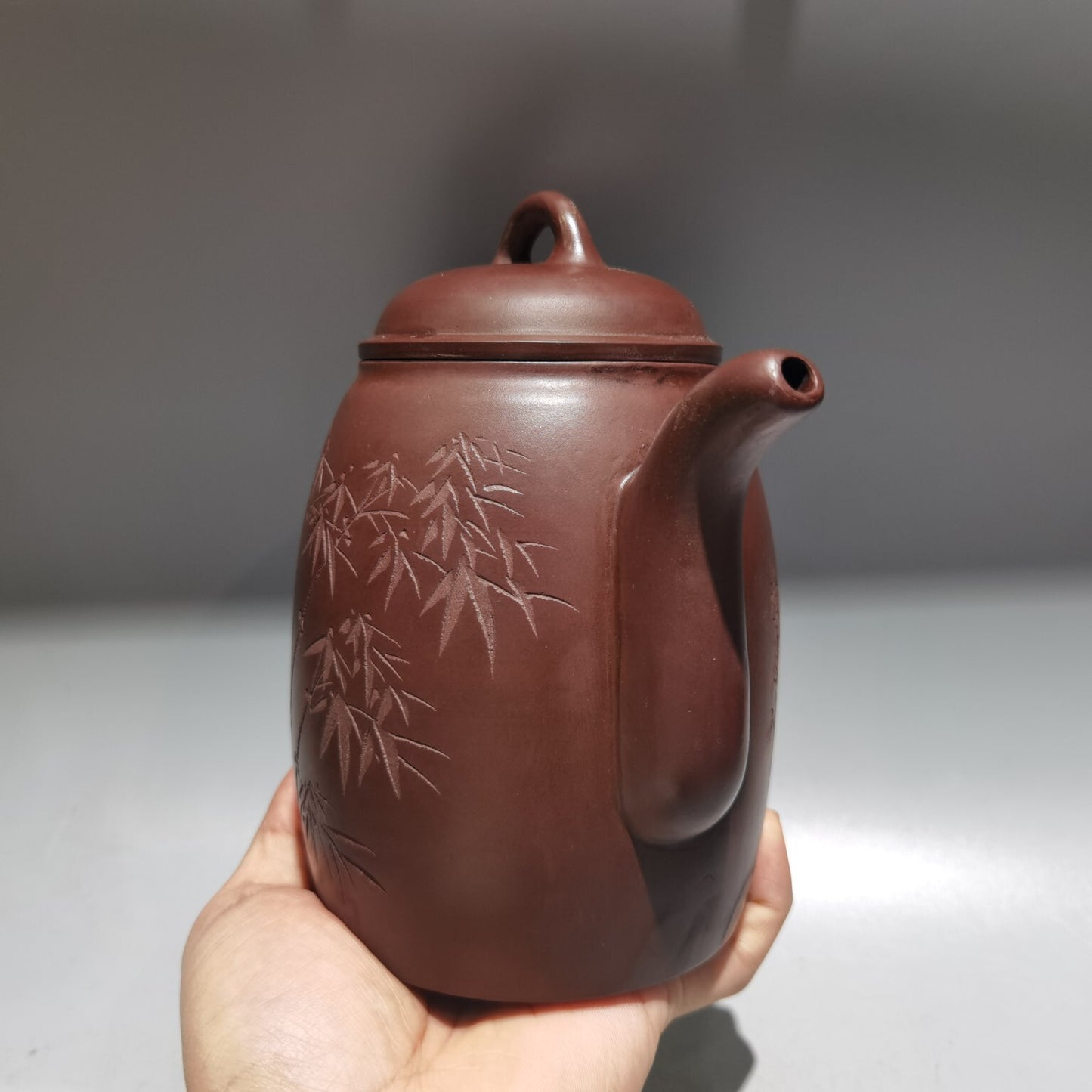 7.4"Chinese Yixing Zisha Pottery Old Purple Clay 460CC Bamboo Lettering Teapot