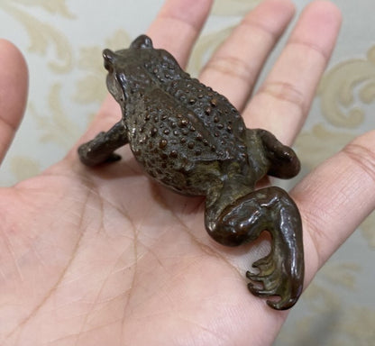 Old Bronze Hand Casting Fortune Frog Statue Netsuke Jin Chan Tea Pet Tray Deco