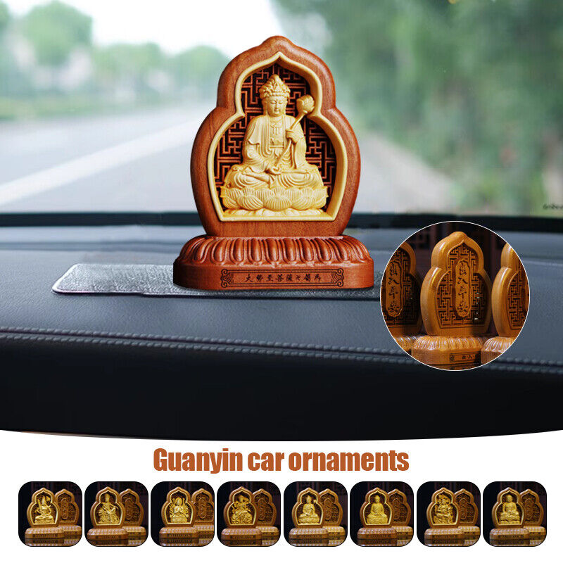 Wooden Carving Zodiac Buddha Car Safety Charm Ornaments Guanyin Statue Car Home