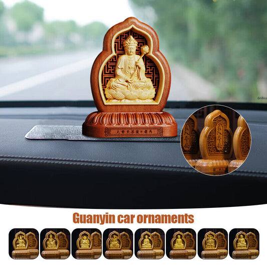 Wooden Carving Zodiac Buddha Car Safety Charm Ornaments Guanyin Statue Car Home