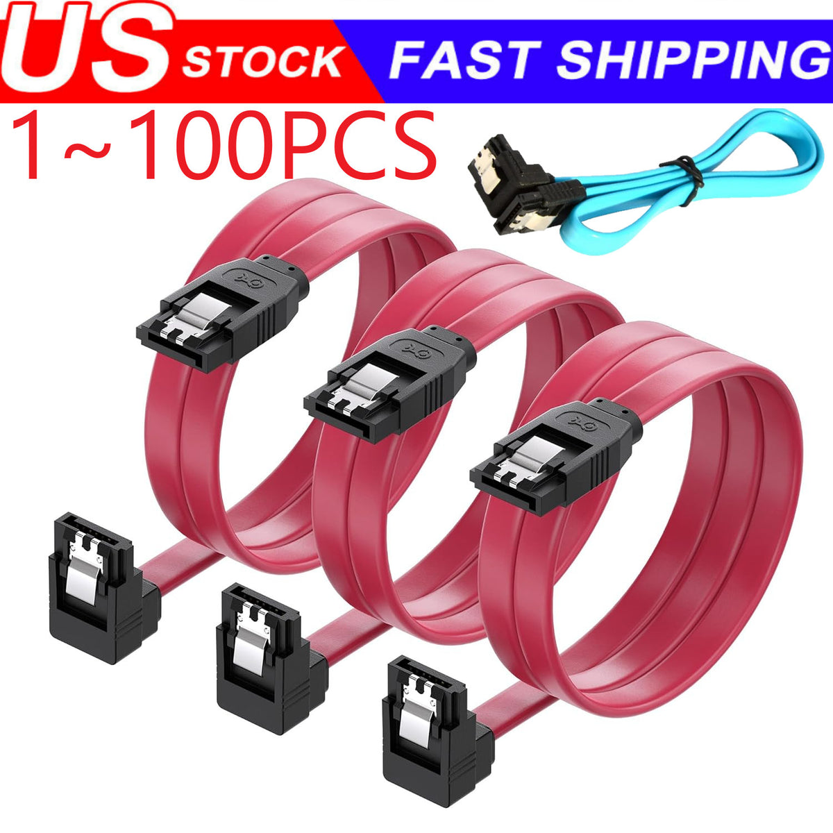 SATA III Cable 6Gbps 90 Degree Right Angle Locking Latch 18 Inches for HDD Lot