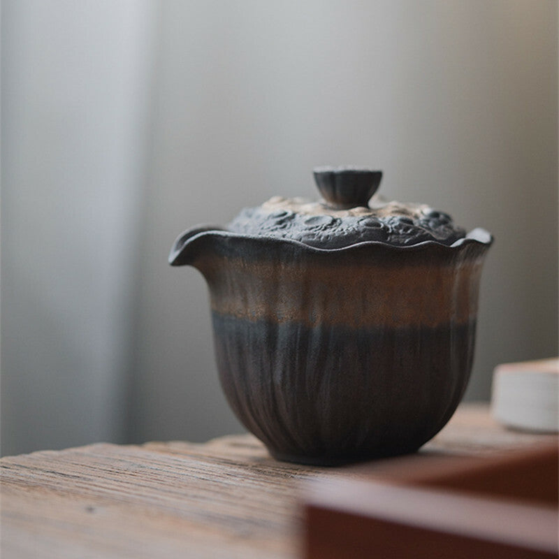 Zen style tea pot with lid lotus design crude pottery pot iron glaze ceramic pot