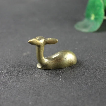 Pure Copper Lying Sika Deer Figurines Miniatures Small Desktop Ornament