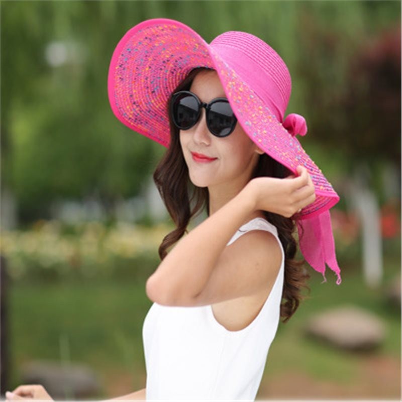 Outdoor Seaside Woman Fashion Big Bow Large Brimmed Cap Foldable Straw Hat