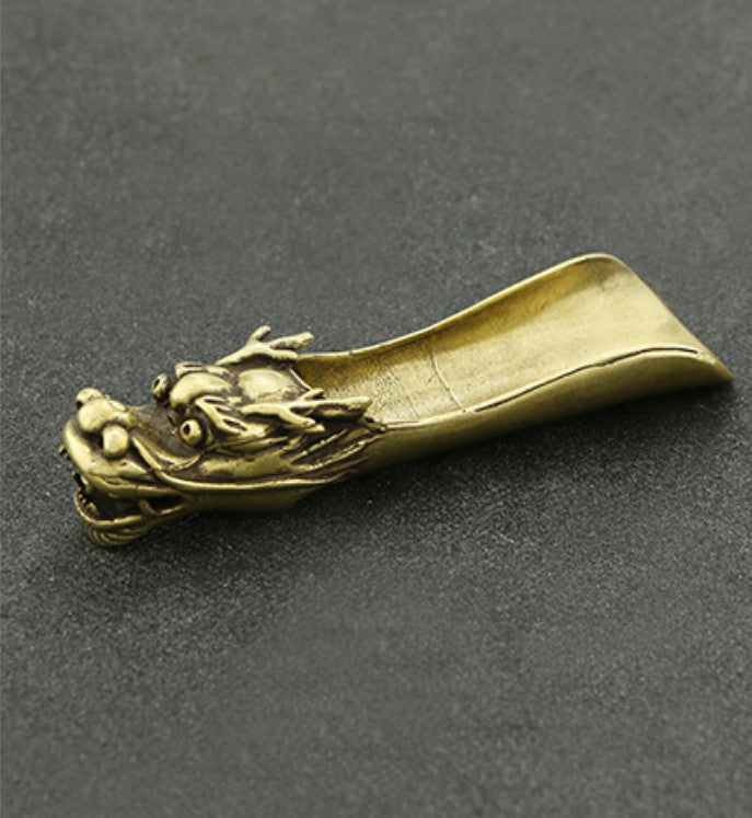 12CM Collection Curio China Bronze Dragon Head Gongfu Tea Spoon Small Statue