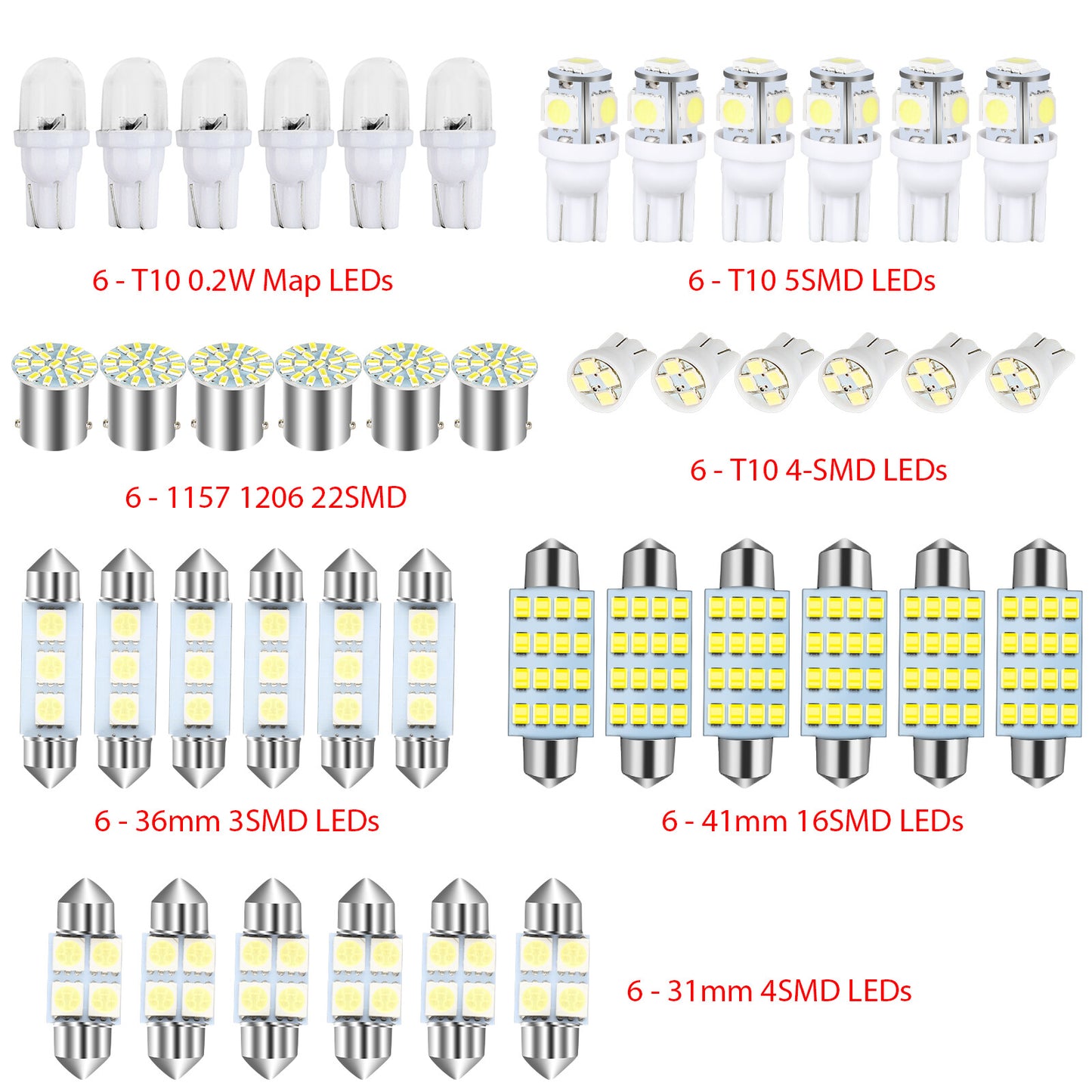 42PCS Car Interior Combo LED Map Dome Door Trunk License Plate Light Bulbs White