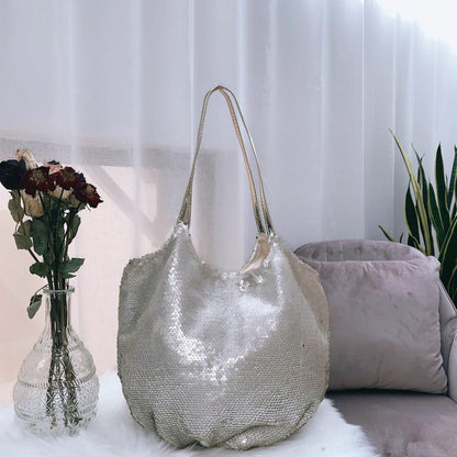 Women Shoulder Bag Large Capacity Sequin Diagonal Soft Handbag Polyester 22x26cm