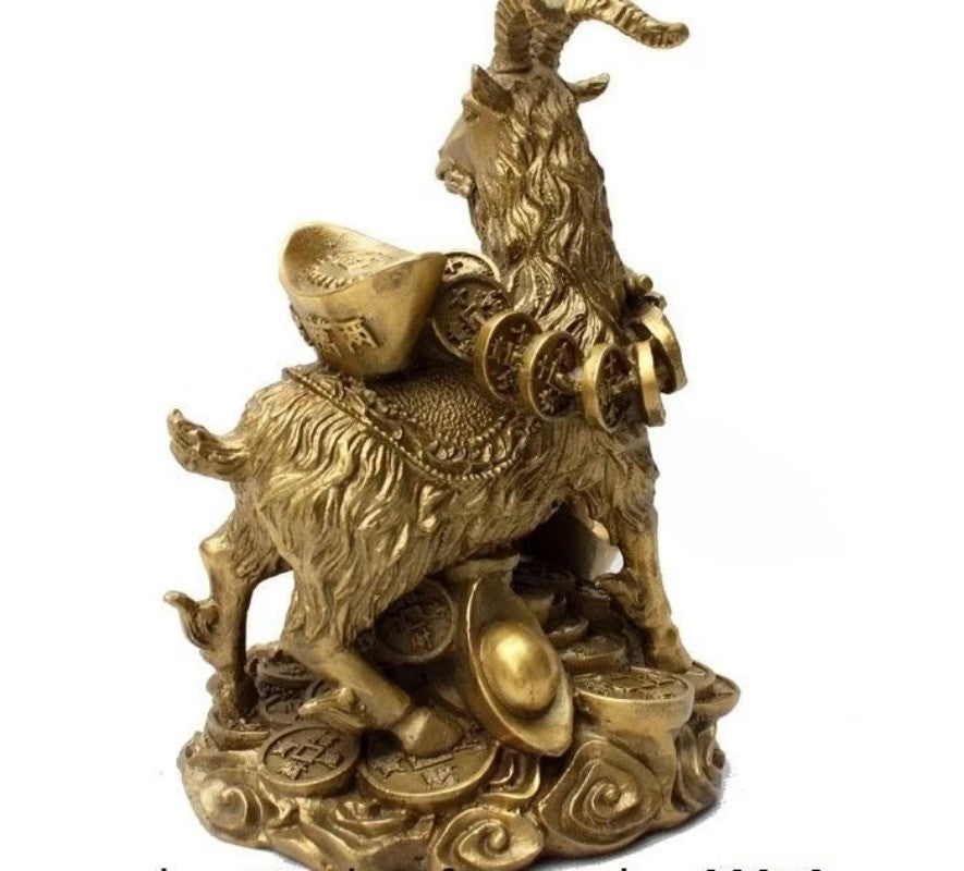Chinese Brass Copper Auspicious Fengshui Wealth Money Yuanbao Sheep Goat Statue