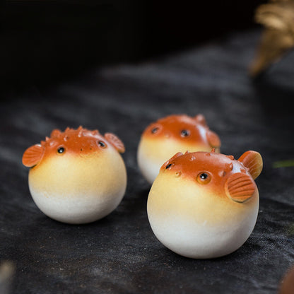 1pc Purple Clay Tea Pet Handmade Pufferfish Statue Ornaments Sculpture Crafts
