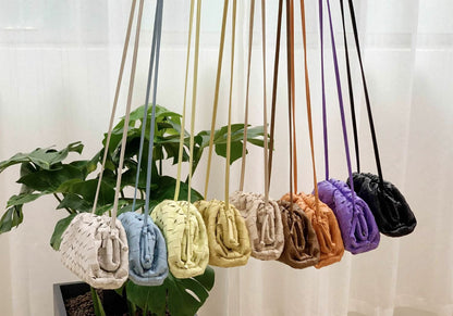 Woven Ruched Microfiber Leather Mini Pouch Clutch Bag Crossbody Shoulder Purse