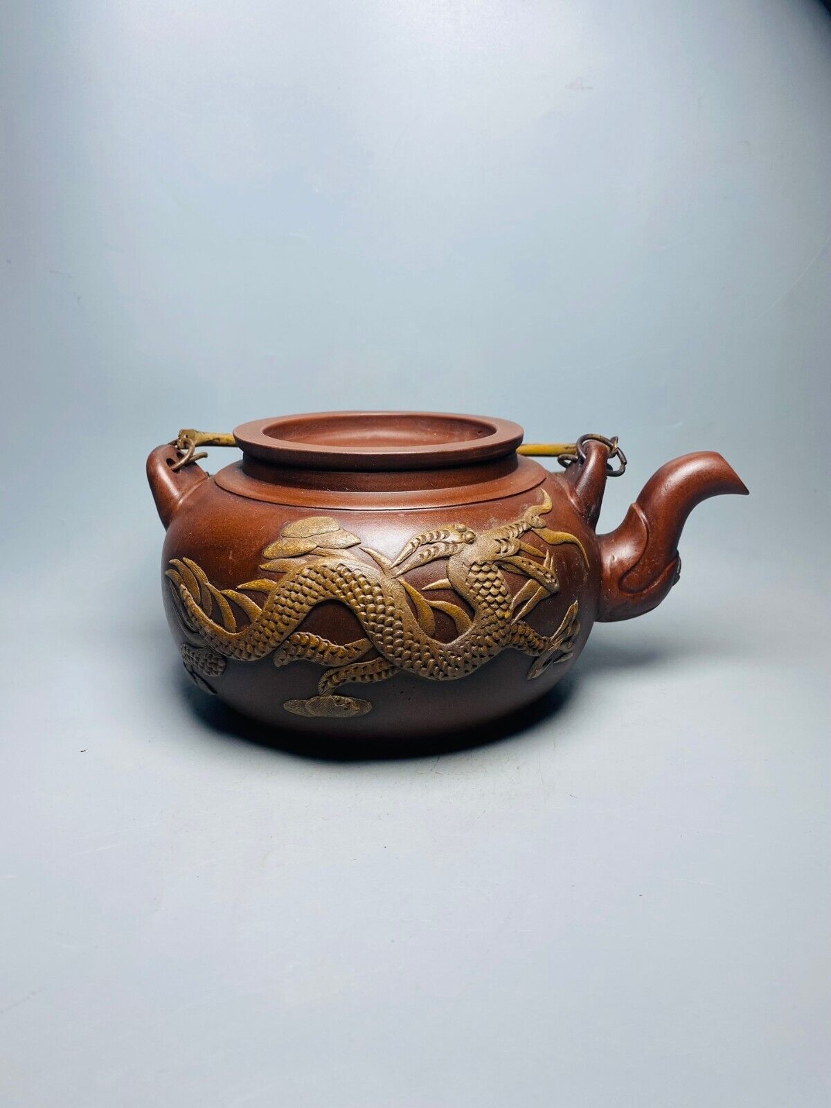 Chinese Yixing Zisha Clay Handmade Exquisite Teapot （大扁铜提梁双龙壶 底款：时大彬）