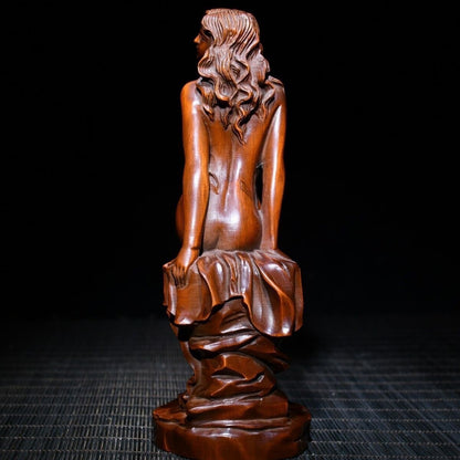 Chinese Boxwood Wood Carving Sexy Beautiful Woman Statue Wooden Sculpture Decor
