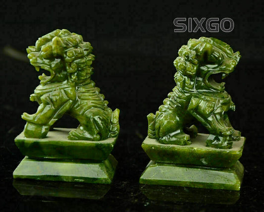 A Pair 100% China Natural Jade Hand-carved Statues Fo Dog Lion Rare