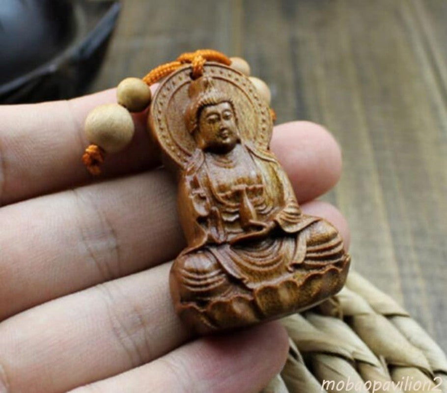 New Wood Carving Guan Kwan Yin Buddha Statue Pendant Key Chain